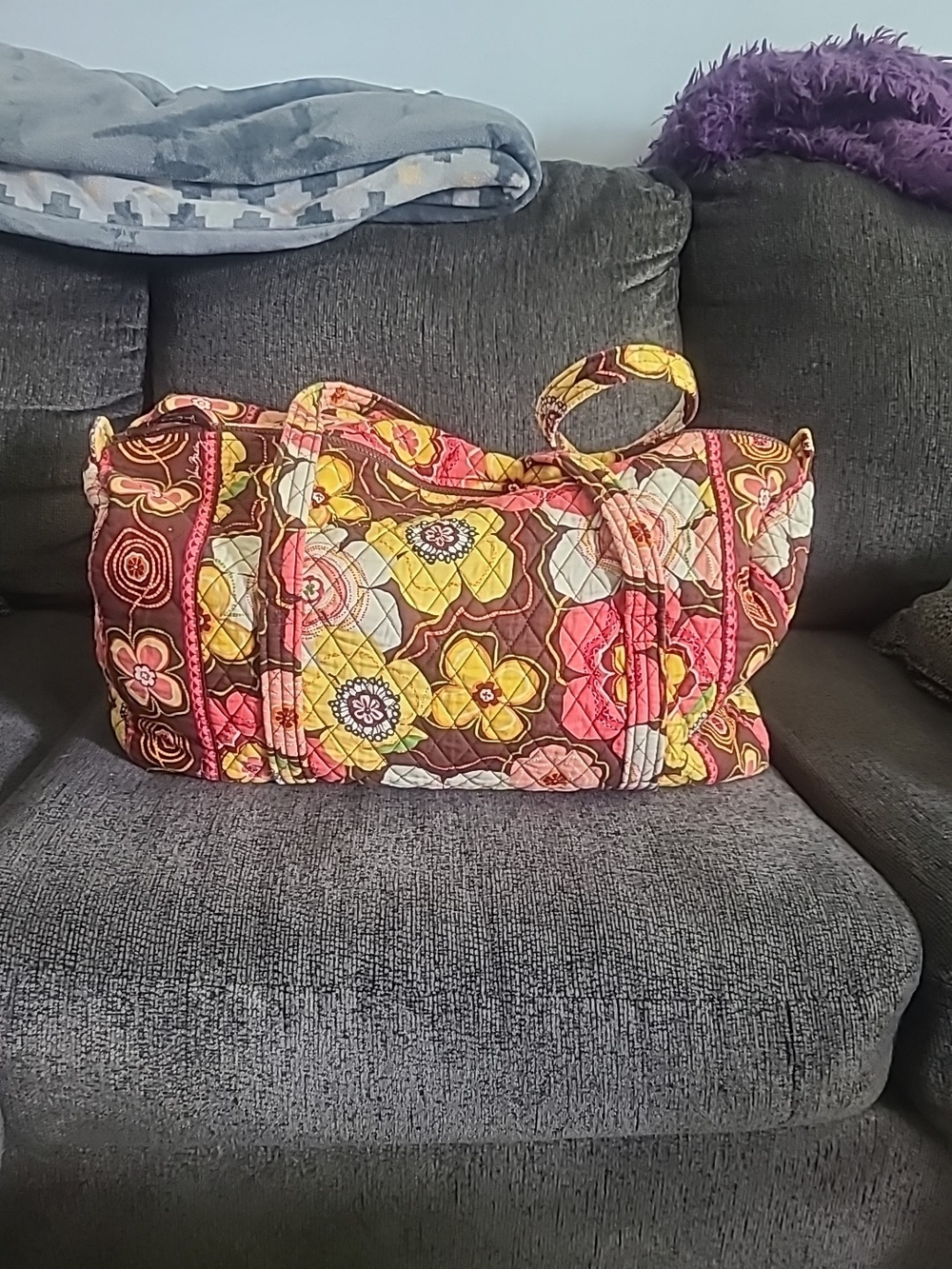 Vera Bradley Quilted Floral Travel Tote in Brown, Pink & Yellow